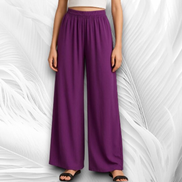 Women’s Wide-Leg High-Waist Purple Pants with Elastic Waistband - Picture 1 of 7